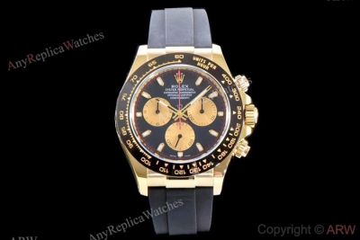 Rolex Daytona Swiss 4130 V2 Yellow Gold Black Rubber Strap Watch - AR Replica Watches